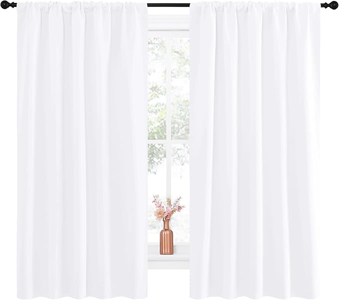 NICETOWN Bedroom Window Curtain Panels - Window Treatment Rod Pocket Drapes for Nursery (White, 2 Panels, 52" by 63")