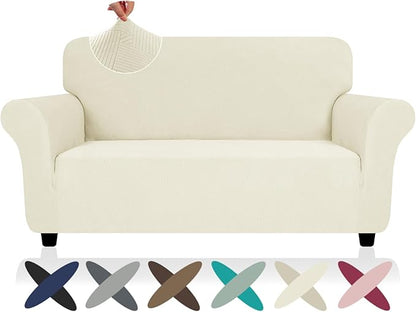 ZNSAYOTX Super Stretch Loveseat Covers (57"-70"), New Striped Love Seat Slipcover, Dogs Pet Friendly Anti-Slip Couch Protector Spandex Durable 2 Seater Fabric Sofa Cover (Beige, Loveseat)