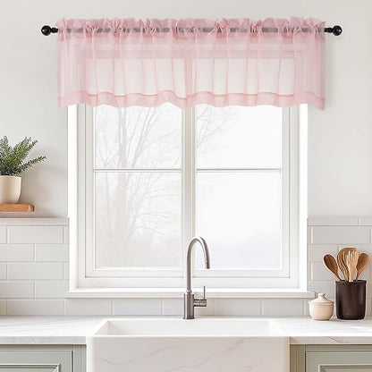 Blush Pink Valances for Windows 14 inch Length 2 Panels, Small Voile Sheer Curtains for Bathroom, Soft Fabric Lightweight Light Filtering Kitchen Curtains, Dual Rod Pocket, 2x42Wx14L Inches