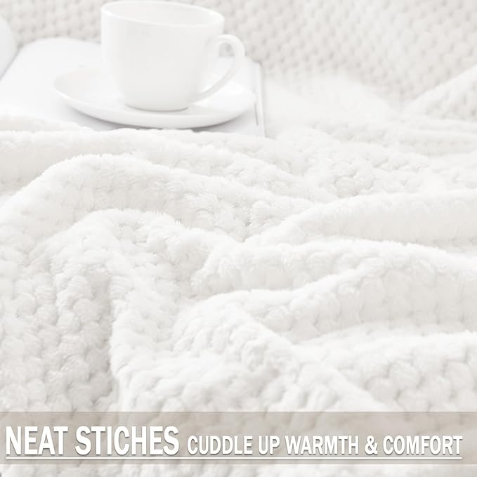 Exclusivo Mezcla Fleece Bed Blanket Twin Size, Super Soft and Warm Blankets for Couch, Sofa and Bed Waffle Textured, Cozy, Fuzzy and Lightweight (Pure White, 90x66 Inches)