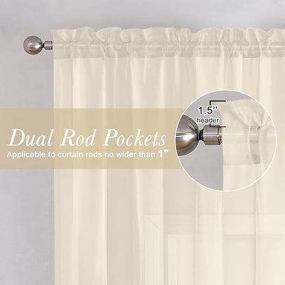 Lecloud Cream Sheer Curtains 68 Inch Length 2 Pcs, Light Filtering Bedroom Curtains for Living Room, Farmhouse Window Voile Soft Rod Pockets Drapes for Bathroom Home Office, Each Panel 42" W x 68" L
