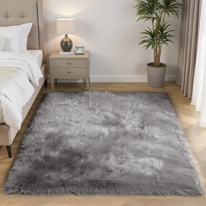 Goolela 5x8 Area Rug Faux Fur Rug Fluffy Washable Grey Sheepskin Large Rug for Living Room Bedroom Shag Soft Home Decor Rectangle