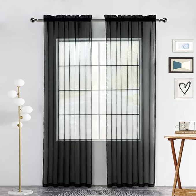 SpaceDresser Sheer Voile Window Treatment Rod Pocket Curtain Panels for Kitchen Bedroom Living Room Drapes Sunlight Filtering Privacy Semi Home Decor Assorted (Black, 52 W x 90 L)