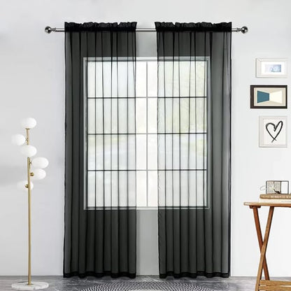 SpaceDresser Sheer Voile Window Treatment Rod Pocket Curtain Panels for Kitchen Bedroom Living Room Drapes Sunlight Filtering Privacy Semi Home Decor Assorted (Black, 52 W x 90 L)