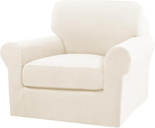 Turquoize 2 Piece Chair Covers Armchair Slipcovers for Living Room Armchair Sofa Cover with Individual Cushion Covers Feature Jacquard Fabric (Chair, Cream)