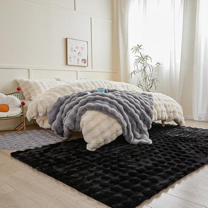 Black Rabbit Plush Rug 5'x8', Fluffy Faux Fur Shaggy Area Rug for Nursery, Kids Room Decor, Soft Fuzzy Carpet for Living Room, Bedroom, Teen Girls Room