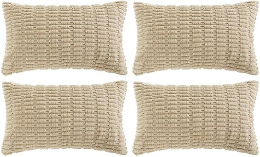 Fancy Homi 4 Packs Tan Decorative Throw Pillow Covers 12x24 Inch for Living Room Couch Bed Sofa, Beige Rustic Farmhouse Boho Home Decor, Soft Plush Striped Corduroy Square Cushion Case 30x60 cm