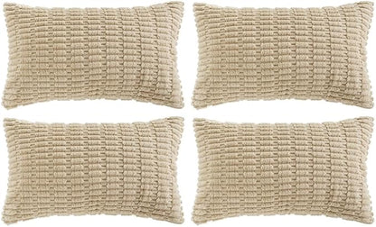 Fancy Homi 4 Packs Tan Decorative Throw Pillow Covers 12x20 Inch for Living Room Couch Bed Sofa, Beige Rustic Farmhouse Boho Home Decor, Soft Plush Striped Corduroy Square Cushion Case 30x50 cm