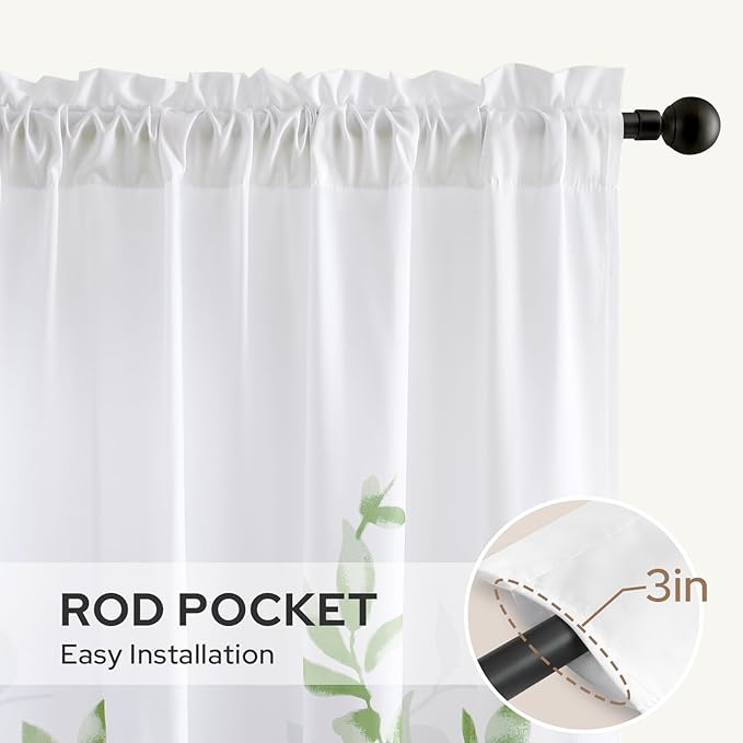 HOMEIDEAS Non-See-Through Sage Green and White Privacy Sheer Curtains 52 X 63 Inch Length 2 Panels, Leaf Floral Printed Light Filtering Semi Sheer Window Curtains Drapes for Bedroom Living Room