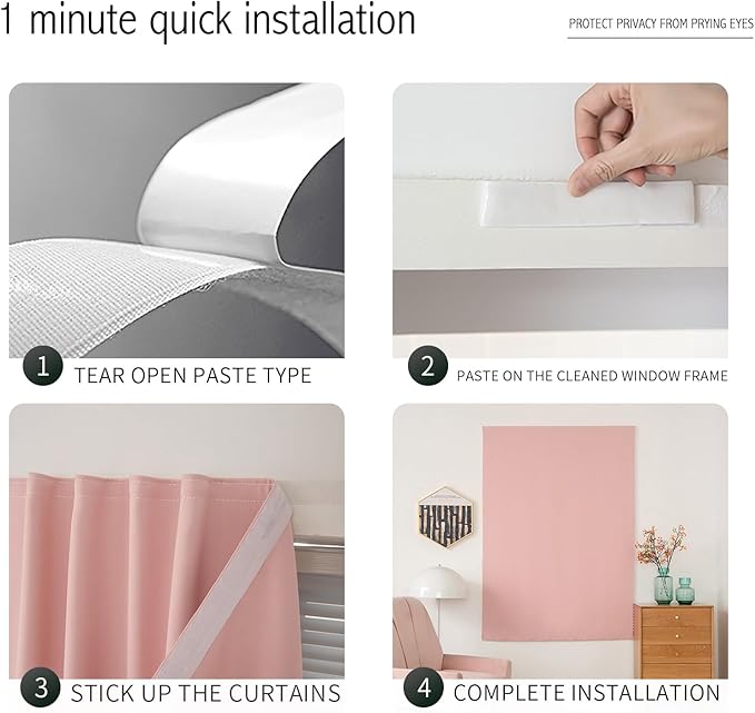Self Adhesive Curtains, Stick Curtain Blackout Shades Window Cover Curtains for Living Room No Drilling, 47" W X 96" L, Pink, 1 Panel