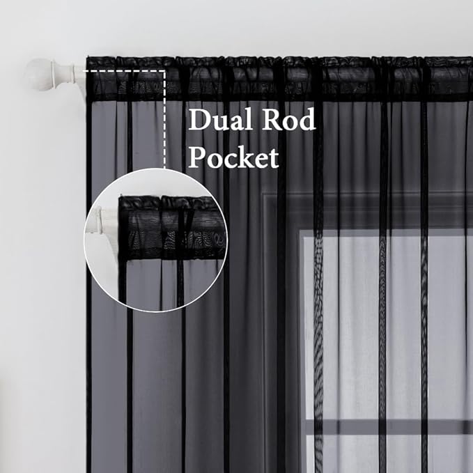 MIULEE 2 Panels Solid Color Sheer Window Curtains Elegant Halloween Window Voile Panels/Drapes/Treatment for Bedroom Living Room (54X54 Inches Black)