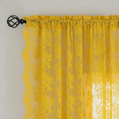 YJ YANJUN Vintage Lace Curtains 63 Inch Length-Victorian Floral Pattern Mustard Yellow Sheer Curtain Panels for Living Room Bedroom,Light Filtering, Summer Drapes 2 Panels 52W x 63L