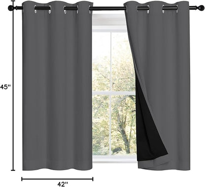 NICETOWN Grey 100% Blackout Room Warming Curtains 45 inches Long, Thermal Insulated Full Blackout 2-Layer Lined Curtains, Energy Efficiency Window Draperies for Dining Room (2 Panels, 42-inch W)