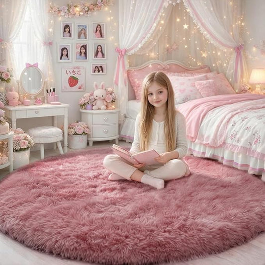 Blush Round Rug 6Ft for Bedroom, Fluffy Fuzzy Plush Circle Area Rugs for Baby Kids Room Decor Aesthetic, Shaggy Circular Carpet for Teen Girls Nursery Dorm Playroom, Cute Large Dusty Rose Mauve Rug