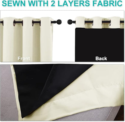 NICETOWN Cold Reducing Curtains, Bedroom Full Blackout Panels, Super Thick Insulated Window Covers, Complete Blackout Draperies with Black Liner for Short Window (Beige, Set of 2, 42 by 45-inch)