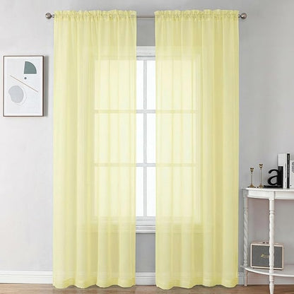 Chyhomenyc Sheer Curtains 90 inches Long 2 Panels - Light Filtering Soft Airy Solid Elegant Voile Window Treatment Drapes for Bedroom Living Room, 42Wx90L Inches, Light Yellow