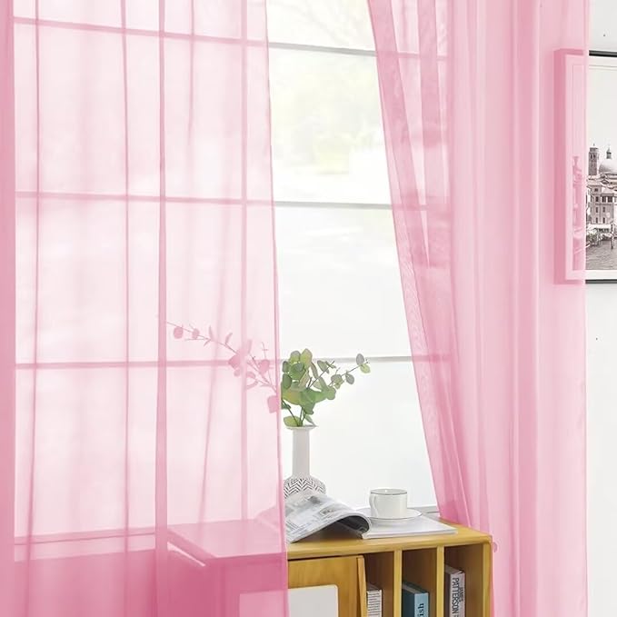 SpaceDresser Sheer Voile Window Treatment Rod Pocket Curtain Panels for Kitchen Bedroom Living Room Drapes Sunlight Filtering Privacy Semi Home Decor Assorted (Light Pink, 52 W x 45 L)