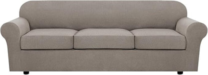 H.VERSAILTEX 4 Piece Stretch Sofa Covers for 3 Cushion Couch Covers for Living Room Furniture Slipcovers (Base Cover Plus 3 Seat Cushion Covers) Thicker Jacquard Fabric (Large Sofa, Taupe)