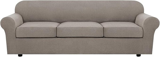 H.VERSAILTEX 4 Piece Stretch Sofa Covers for 3 Cushion Couch Covers for Living Room Furniture Slipcovers (Base Cover Plus 3 Seat Cushion Covers) Thicker Jacquard Fabric (Large Sofa, Taupe)