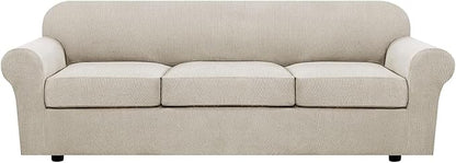 H.VERSAILTEX 4 Piece Stretch Sofa Covers for 3 Cushion Couch Covers for Living Room Furniture Slipcovers (Base Cover Plus 3 Seat Cushion Covers) Thicker Jacquard Fabric (Large Sofa, Island Fossi)