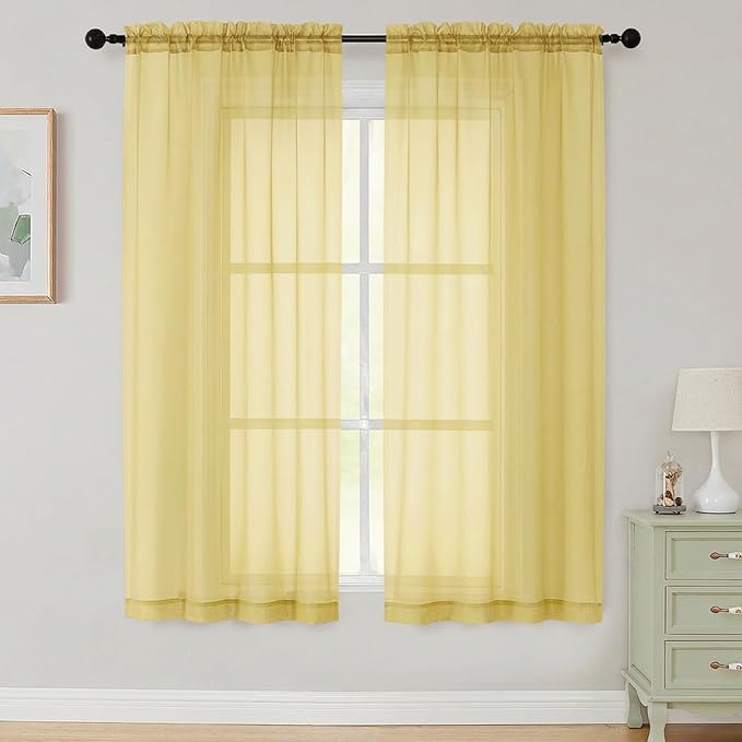 Sheer Curtains 63 Inch Length 2 Panels Set for Living Room Bedroom, Airy Soft Light Filtering Sheer Dining Room Curtains, Modern Rod Pocket Drapes, Yellow, Each 42" Wx63 L