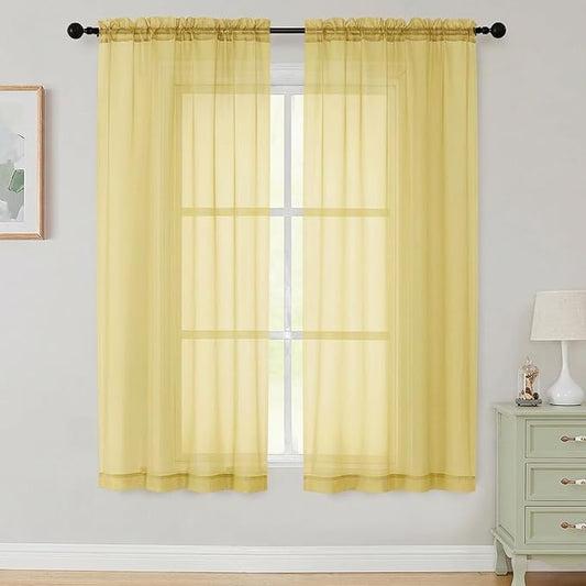Sheer Curtains 63 Inch Length 2 Panels Set for Living Room Bedroom, Airy Soft Light Filtering Sheer Dining Room Curtains, Modern Rod Pocket Drapes, Yellow, Each 42" Wx63 L