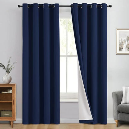Yakamok 100% Blackout Curtain Panels 84 inches Cold and Light Blocking Drapes for Nursery, 2 Thick Layers Thermal Insulated Draperies (2 Pieces, 50 Wide Each Panel, Navy Blue/White Backing)