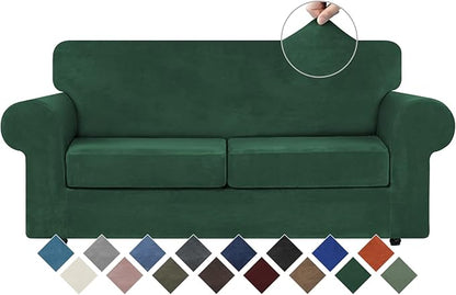 WEERRW Velvet Couch Covers for 2 Cushion Couch Sofa - High Stretch Velvet Plush 3 Pieces Sofa Slipcovers with Elastic Bottom, Furniture Protector for Pets, Machine Washable, Emerald Green, Medium