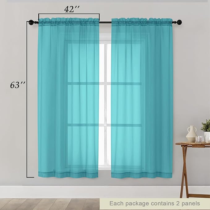 Sheer Turquoise Curtains for Bedroom Living Room 63 Inch Length 2 Panels, Airy Soft Light Filtering Sheer Dining Room Curtains, Modern Rod Pocket Drapes, Turquoise, Each 42" Wx63 L Inches