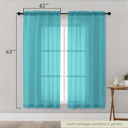 Sheer Turquoise Curtains for Bedroom Living Room 63 Inch Length 2 Panels, Airy Soft Light Filtering Sheer Dining Room Curtains, Modern Rod Pocket Drapes, Turquoise, Each 42" Wx63 L Inches
