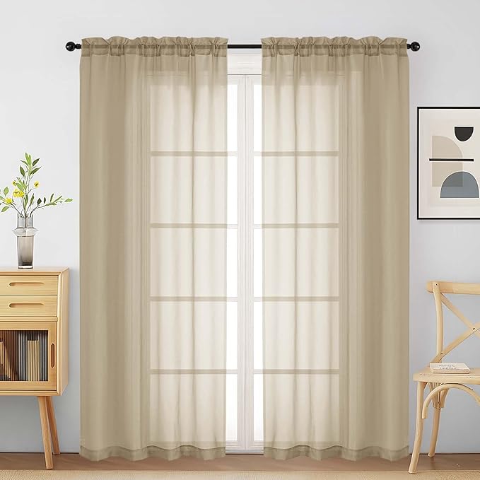Taupe Sheer Curtains for Window 72 inches Long 2 Panels Set, Soft Airy Modern Light Filtering Sheer Curtains for Living Room Bedroom, Dual Rod Pocket Solid Window Drapes, 2x42Wx72L inches