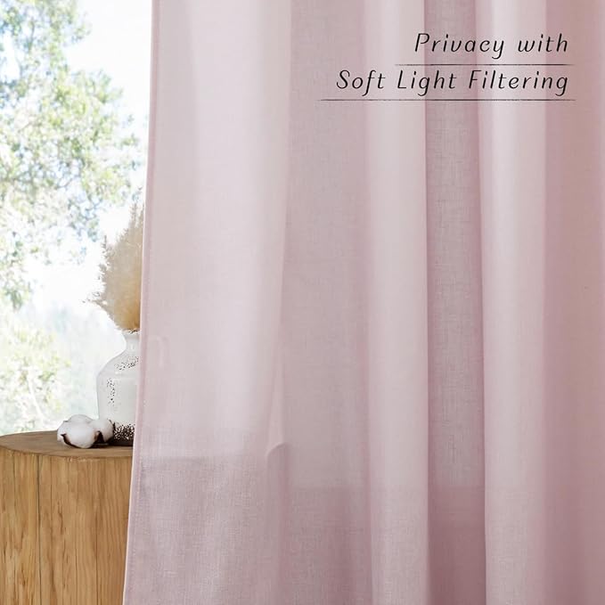 NICETOWN Blush Pink Linen Curtains for Kitchen, Thick Flax Small Window Treatments Semi Sheer Privacy Assured with Light Through for Cafe/Bathroom, W42 x L96, 2 Panels