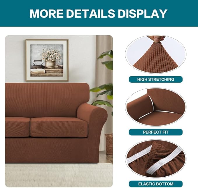Turquoize 4 Piece Sofa Covers for 3 Cushion Couch Sofa Slipcover Soft Couch Cover for Dogs Washable Furniture Cover with 3 Individual Large Cushion Covers Feature Fabric (Large Sofa, Caramel)