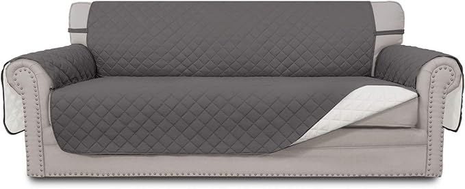 Easy-Going Reversible Couch Cover for 3 Cushion Couch Sofa Cover for Dogs Water Resistant Furniture Protector Cover with Foam Sticks Elastic Straps for Pet Cat (Sofa, Gray/Ivory)