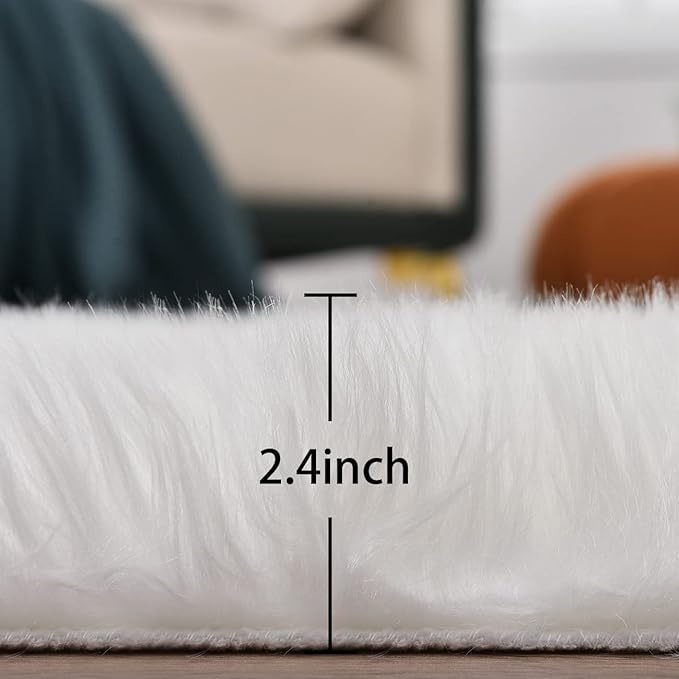 ORINOVA White Fluffy Washable Shag Area Rugs for Bedroom Faux Sheepskin Fur Rug 4x6 Furry Nursery Rug Teen Room Home Décor
