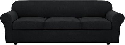 H.VERSAILTEX 4 Piece Stretch Sofa Covers for 3 Cushion Couch Covers for Living Room Furniture Slipcovers (Base Cover Plus 3 Seat Cushion Covers) Thicker Jacquard Fabric (Large Sofa, Black)