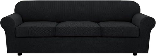 H.VERSAILTEX 4 Piece Stretch Sofa Covers for 3 Cushion Couch Covers for Living Room Furniture Slipcovers (Base Cover Plus 3 Seat Cushion Covers) Thicker Jacquard Fabric (Large Sofa, Black)