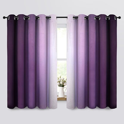 Yakamok Thermal Insulated Ombre Curtains 63 Inch Length 2 Panels, Greyish White and Purple Light Blocking Gradient Color Curtains, Room Darkening Grommet Window Drapes for Bedroom