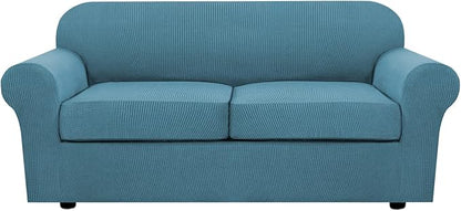 H.VERSAILTEX 3 Piece Stretch Sofa Covers for 2 Cushion Sofa Couch Covers for Living Room Furniture Cover (Base Cover Plus 2 Seat Cushion Covers) Thicker Jacquard Fabric(Large Sofa, Storm Blue)
