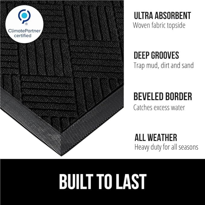 GORILLA GRIP 100% Waterproof All-Season WeatherMAX Doormat US Designed Natural Rubber, Stain and Fade Resistant, Low Profile Indoor Outdoor Door Mats, Easy Clean Patio Mat, 29x17, Black Diamond