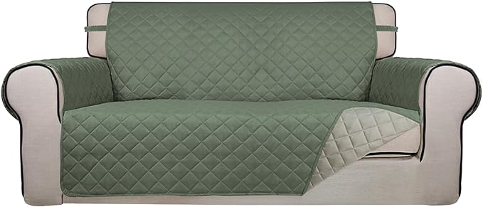 PureFit Reversible Quilted Sofa Cover, Water Resistant Slipcover Furniture Protector, Washable Couch Cover with Non Slip and Elastic Straps for Kids, Dogs (Oversized Loveseat, Greyish Green/Beige)