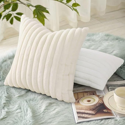 decorUhome Summer Cozy Faux Fur Throw Pillow Covers 20x20 Set of 2 Decorative Soft Plush Striped Modern Farmhouse Boho Couch Pillow Cases with Velvet Back for Sofa Bed Living Room, Cream White