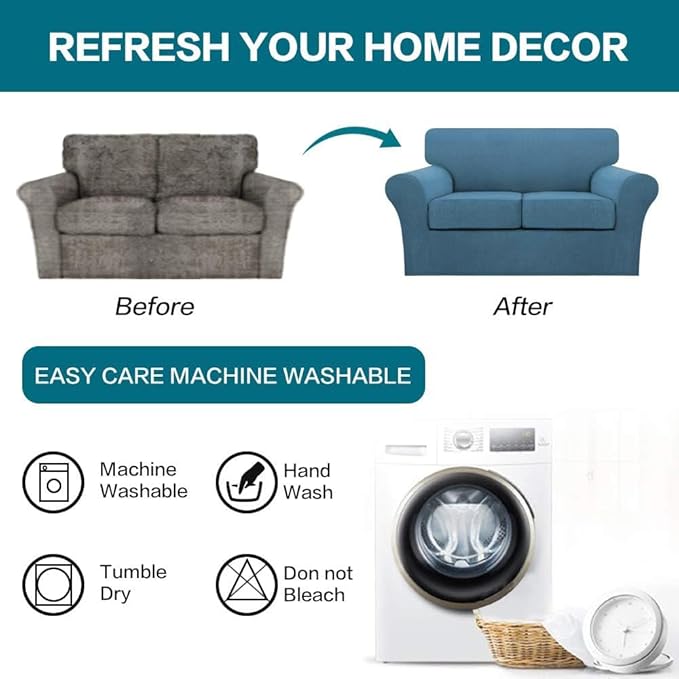 Turquoize 3 Piece Sofa Covers for 2 Cushion Couch Sofa Slipcover Soft Couch Cover for Dogs-Washable Sofa Furniture Covers with 2 Individual Cushion Covers, Thick Fabric (2 Cushion Sofa, Dusty Blue)