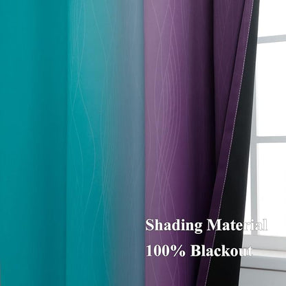 Estelar Textiler Ombre Teal and Purple Blackout Curtains 45 Inch Length 2 panels, Grommet Thermal Insulated Gradient Drapes for Kids Room, Full Light Blocking Blackout Curtains for Bedroom, 42x45 Inch