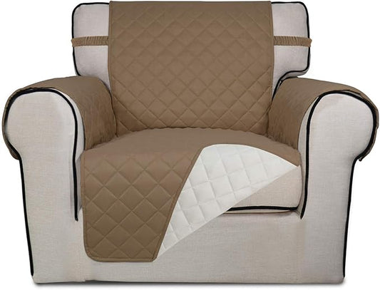 PureFit Reversible Quilted Sofa Cover, Water Resistant Slipcover Furniture Protector, Washable Couch Cover with Non Slip and Elastic Straps for Kids, Dogs, Pets (Chair, Camel/Ivory)