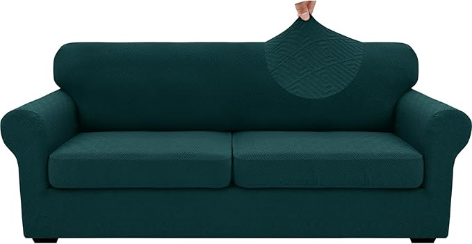 XINEAGE New 3 Pieces Couch Covers for 2 Extra Large Cushion Sofa Super Stretch Sofa Cover for 2 Large Seat Universal Loveseat Slip Cover for Living Room (Blackish Green), 71"-91"(2 Cushions)