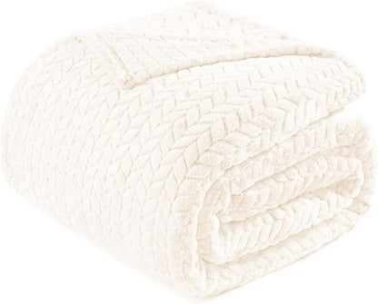 Exclusivo Mezcla Fleece Queen Size Blanket for Bed, 90x90 Inches Soft Cozy Jacquard Flannel Blankets, Lightweight Fuzzy Plush Warm for Women, Off White
