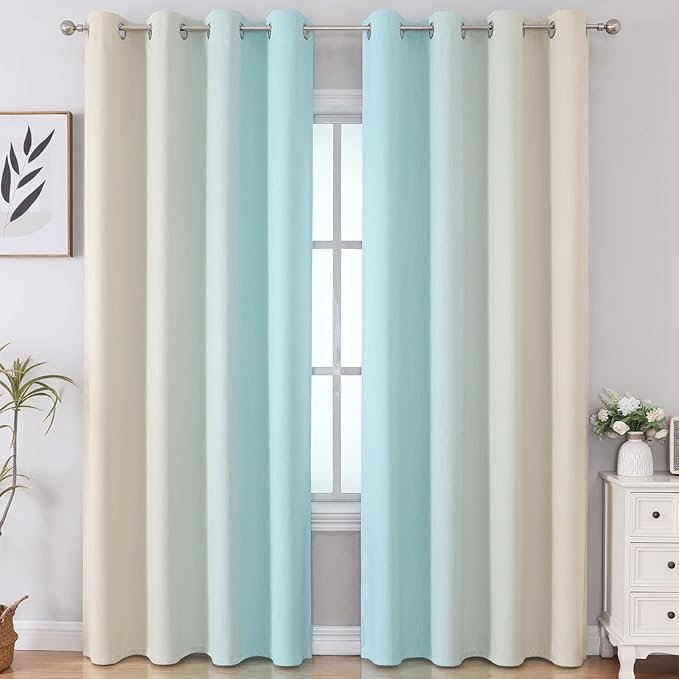 Estelar Textiler Ombre Aqua and Beige Blackout Curtains 96 Inches Long for Sliding Door, Gradient Thermal Insulated Full Light Blocking Grommet Blackout Drapes for Bedroom, 52Wx96L, 2 Panels