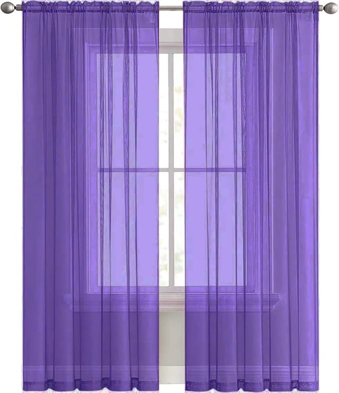 SpaceDresser Sheer Voile Window Treatment Rod Pocket Curtain Panels for Kitchen Bedroom Living Room Drapes Sunlight Filtering Privacy Semi Home Decor Assorted (Purple, 52 W x 72 L)