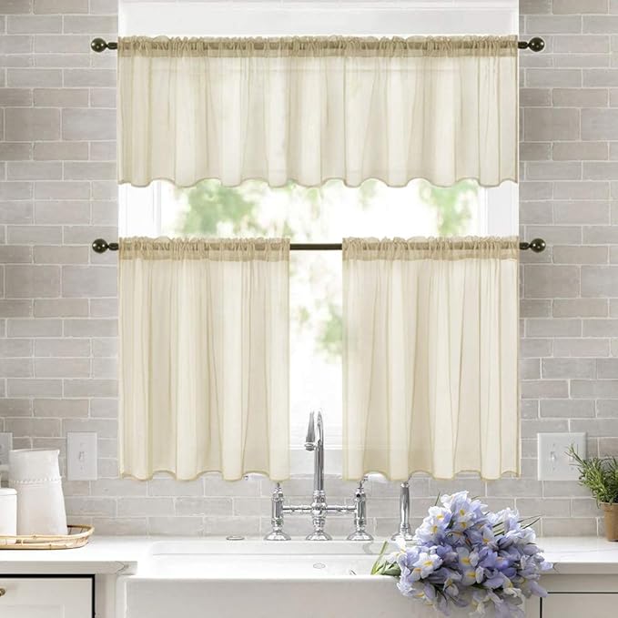 MIULEE 2 Panels Kitchen Tiers Half Window Sheer Curtains Rod Pocket Translucent Voile Drapes for Kitchen Bathroom Small Windows 29 by 24 Inch Beige